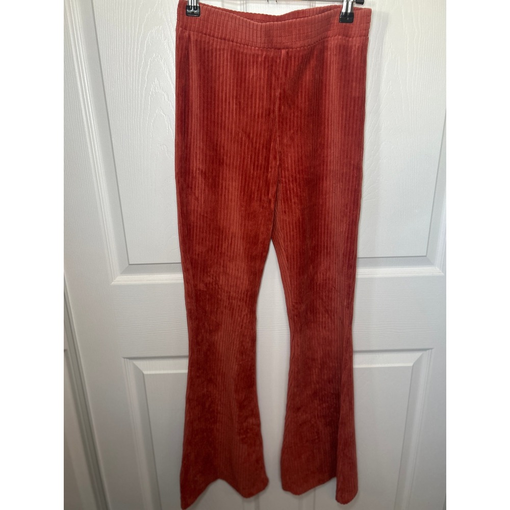Aerie Groove On Coral Ribbed High Waisted Velour Flare Pant Small Short